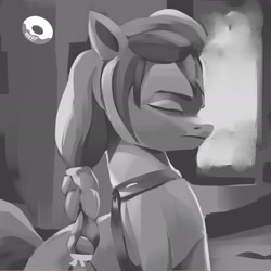 Size: 2460x2460 | Tagged: safe, artist:poxy_boxy, imported from derpibooru, sunny starscout, earth pony, pony, braided ponytail, eyes closed, female, g5, grayscale, mare, monochrome, solo