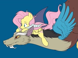 Size: 2000x1500 | Tagged: safe, artist:zombie, imported from derpibooru, discord, fluttershy, draconequus, pony, anime, blue background, duo, fluttershy riding discord, flying, horns, lying down, on back, reference, reference to another series, riding, simple background, size difference, spirited away