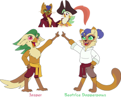 Size: 1280x1018 | Tagged: safe, artist:matttheenby, imported from derpibooru, capper dapperpaws, captain celaeno, oc, abyssinian, avian, caplaeno, chest fluff, female, interspecies offspring, male, offspring, parent:capper dapperpaws, parent:captain celaeno, parents:caplaeno, shipping, simple background, straight, transparent background