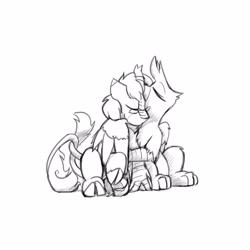 Size: 4000x4000 | Tagged: safe, artist:captainhoers, imported from derpibooru, oc, oc:ardent stream, oc:gráinne ní bhroin, griffon, kirin, hug, monochrome, sketch, snuggling, winghug, wings