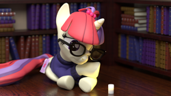 Size: 7680x4320 | Tagged: safe, artist:the luna fan, derpibooru exclusive, imported from derpibooru, moondancer, pony, unicorn, 3d, absurd resolution, blender, blender cycles, book, bookshelf, candle, clothes, glasses, looking down, night, solo, sweater, twilight sparkle's cutie mark