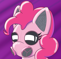 Size: 1280x1244 | Tagged: safe, artist:theotteroo, imported from derpibooru, pinkie pie, earth pony, latex pony, original species, pony, rubber pony, bondage, encasement, female, gas mask, goggles, head, latex, mare, mask, no mouth, purple background, rubber, rubber drone, shiny, shiny mane, simple background, solo