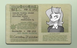 Size: 2048x1288 | Tagged: safe, artist:opalacorn, imported from derpibooru, oc, oc only, oc:caroline winters, anthro, unicorn, 30s, 40s, anthro oc, black and white, clothes, drivers license, female, frown, grayscale, horn, id card, monochrome, operator's license, shirt, solo, unicorn oc