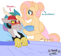 Size: 1280x1182 | Tagged: safe, artist:kittypainty, imported from derpibooru, oc, oc only, oc:calamity (kittypainty), oc:florenshy, draconequus, hybrid, pegasus, pony, bed, blanket, bowl, colored wings, dialogue, draconequus oc, duo, fangs, female, freckles, horns, interspecies offspring, male, mare, offspring, parent:big macintosh, parent:discord, parent:fluttershy, parent:princess celestia, parents:dislestia, parents:fluttermac, pillow, rag, red face, sick, signature, simple background, smiling, unshorn fetlocks, water, white background, wings