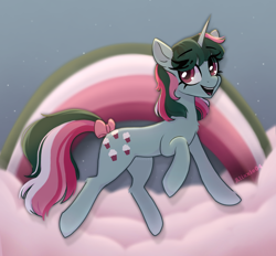 Size: 1948x1807 | Tagged: safe, artist:_alixxie_, imported from derpibooru, fizzy, pony, unicorn, bow, cloud, cute, female, fizzybetes, g1, g1 to g4, g4, generation leap, jumping, mare, rainbow, sky, solo, tail, tail bow, twinkle-less eyes