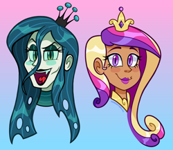 Size: 2300x2000 | Tagged: safe, artist:doomsdaydarling, imported from derpibooru, princess cadance, queen chrysalis, human, bust, gradient background, humanized, portrait