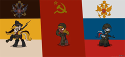 Size: 1024x470 | Tagged: safe, artist:cogwheel98, imported from derpibooru, oc, oc only, oc:marussia, oc:ussr, earth pony, pegasus, pony, unicorn, ak-74m, assault rifle, bandage, bayonet, boots, camouflage, clothes, communism, female, goggles, gun, helmet, history, hoof hold, long sleeves, mare, military uniform, nation ponies, ppsh-41, rifle, russia, russian empire, russian federation, salute, shoes, socialism, soviet union, submachinegun, uniform, weapon