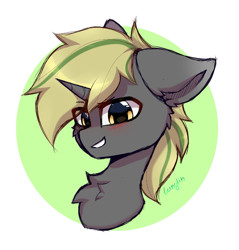 Size: 1527x1600 | Tagged: safe, artist:lunylin, imported from derpibooru, oc, oc only, pony, unicorn, blushing, cheek fluff, chest fluff, eye clipping through hair, eyebrows, eyebrows visible through hair, floppy ears, grin, horn, looking at you, male, signature, smiling, smiling at you, solo, stallion