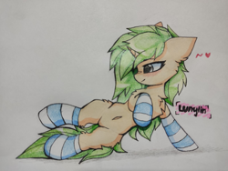 Size: 1600x1200 | Tagged: safe, artist:lunylin, imported from derpibooru, oc, oc only, oc:c-3301, pony, unicorn, belly, belly button, chest fluff, clothes, female, raised hoof, socks, solo, striped socks, traditional art