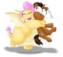 Size: 1600x1433 | Tagged: safe, artist:aleximusprime, imported from derpibooru, oc, oc only, oc:buttercream, oc:buttercream the dragon, oc:copper plume, dragon, pony, unicorn, bear hug, cheek squish, commission, commissioner:imperfectxiii, cute, cute little fangs, dragon oc, dragoness, duo, eye bulging, eyes closed, fangs, fat, female, glasses, horn, hug, male, open mouth, simple background, spread wings, squeezing, squishy cheeks, stallion, standing, standing on one leg, transparent background, unicorn oc, wings