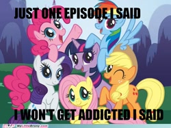 Size: 500x373 | Tagged: safe, imported from derpibooru, applejack, fluttershy, pinkie pie, rainbow dash, rarity, twilight sparkle, earth pony, pegasus, pony, unicorn, artifact, caption, image macro, impact font, mane six, mane six opening poses, meme, my little brony, text, watermark