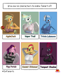 Size: 3000x3582 | Tagged: safe, artist:marianokun, imported from derpibooru, applejack, pipp petals, sunset shimmer, tempest shadow, trixie, vapor trail, anthro, earth pony, pegasus, unicorn, six fanarts, 3d, abs, adorapipp, angry, apple, arm behind head, boob window, breasts, busty applejack, busty pipp petals, busty sunset shimmer, busty tempest shadow, busty trixie, busty vapor trail, cleavage, clothes, cute, eyebrows, eyes closed, female, fist, flexing, food, g4, g5, g5 to g4, generation leap, grin, group, hand on arm, hand on face, happy, high res, looking at you, midriff, one eye closed, sextet, signature, smiling, smiling at you, source filmmaker, sweater, tanktop, wings, wink, winking at you