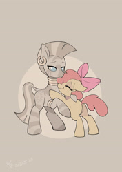 Size: 2480x3508 | Tagged: safe, artist:yunlongchen, imported from derpibooru, apple bloom, zecora, earth pony, pony, zebra, apple bloom's bow, bow, butt, dock, eyes closed, female, filly, foal, hair bow, hug, mare, plot, tail