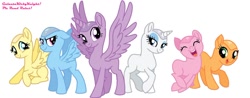 Size: 1024x401 | Tagged: safe, imported from twibooru, applejack, fluttershy, pinkie pie, rainbow dash, rarity, twilight sparkle, pony, bald, haircut, headshave, image, mane six, needs more jpeg, shave, shaved