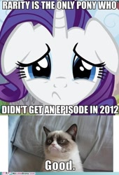 Size: 476x700 | Tagged: safe, edit, edited screencap, imported from derpibooru, screencap, rarity, cat, pony, unicorn, abuse, caption, female, grumpy cat, image macro, impact font, irl, meme, my little brony, photo, raribuse, sad, slowpoke, text, watermark