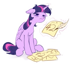 Size: 1011x890 | Tagged: safe, artist:luciferamon, imported from derpibooru, twilight sparkle, alicorn, pony, 42, bags under eyes, female, floppy ears, hitchhiker's guide to the galaxy, magic, mare, paper, quill, simple background, sitting, sleepy, solo, telekinesis, tired, twilight sparkle (alicorn), white background, writing