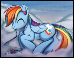 Size: 4110x3240 | Tagged: safe, artist:scappo, imported from twibooru, rainbow dash, pegasus, pony, cloud, cloudy, earbuds, eyes closed, female, happy, image, mare, png, smiling, solo