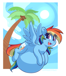 Size: 3465x4001 | Tagged: safe, artist:graphene, edit, imported from twibooru, rainbow dash, pegasus, pony, belly, big belly, cute, dashabetes, eye clipping through hair, female, huge belly, hyper, hyper belly, hyper pregnancy, image, impossibly large belly, mare, open mouth, open smile, palm tree, png, pregnant, pregnant edit, sky, smiling, solo, solo female, spread wings, sun, tree, wings