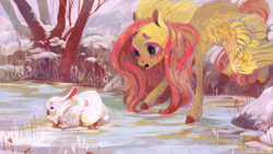 Size: 3840x2160 | Tagged: safe, artist:wolfiedrawie, imported from twibooru, angel bunny, fluttershy, pegasus, pony, rabbit, animal, duo, eyelashes, female, help, ice, image, lake, looking at something, mare, open mouth, png, rescue, snow, spread wings, teary eyes, tree, unshorn fetlocks, wings, winter, worried