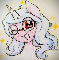 Size: 593x600 | Tagged: safe, artist:twiliset, imported from derpibooru, izzy moonbow, pony, unicorn, spoiler:g5, g5, smiling, solo, traditional art