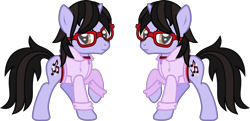 Size: 2264x1094 | Tagged: safe, artist:lightningbolt, derpibooru exclusive, imported from derpibooru, pony, unicorn, .svg available, brendon urie, clothes, frown, glasses, hoodie, horn, looking at you, male, panic! at the disco, ponified, raised hoof, raised leg, shirt, simple background, solo, stallion, svg, transparent background, undershirt, vector