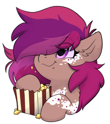 Size: 3348x3792 | Tagged: safe, artist:rileyisherehide, imported from derpibooru, oc, oc only, oc:asteroid trail, pegasus, pony, series:munching popcorn, commission, cute, eating, emoji, female, food, happy, hooves, mare, pegasus oc, popcorn, simple background, smiling, solo, transparent background, watching, ych result
