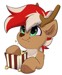 Size: 3174x3841 | Tagged: safe, artist:rileyisherehide, imported from derpibooru, oc, oc only, oc:benny chestnut, deer, deer pony, hybrid, original species, pony, series:munching popcorn, antlers, commission, cute, eating, emoji, food, happy, hooves, male, popcorn, simple background, smiling, solo, stallion, transparent background, watching, ych result