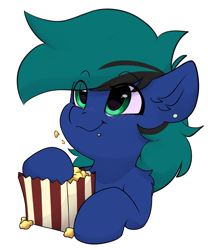 Size: 3127x3763 | Tagged: safe, artist:rileyisherehide, imported from derpibooru, oc, oc only, oc:ender, pegasus, pony, series:munching popcorn, commission, cute, ear piercing, earring, eating, emoji, food, happy, hooves, jewelry, male, pegasus oc, piercing, popcorn, simple background, smiling, solo, stallion, transparent background, watching, ych result