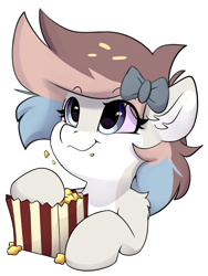 Size: 2942x3915 | Tagged: safe, artist:rileyisherehide, imported from derpibooru, oc, oc only, oc:hazelnut frost, pegasus, pony, series:munching popcorn, bow, bowtie, commission, cute, eating, emoji, female, food, hair bow, happy, herbivore, hooves, mare, pegasus oc, popcorn, simple background, smiling, solo, transparent background, watching, ych result
