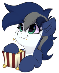 Size: 2972x3689 | Tagged: safe, artist:rileyisherehide, imported from derpibooru, oc, oc only, oc:isura oxyrus, hybrid, original species, pony, shark, shark pony, series:munching popcorn, commission, cute, eating, emoji, female, food, happy, hooves, mare, popcorn, simple background, smiling, solo, transparent background, watching, ych result