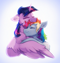 Size: 1974x2048 | Tagged: safe, artist:draw3, imported from derpibooru, rainbow dash, twilight sparkle, alicorn, pegasus, pony, bust, comfy, cute, dashabetes, ear fluff, eyes closed, female, floppy ears, gradient background, hug, lesbian, mare, messy mane, shipping, shoulder fluff, simple background, smiling, twiabetes, twidash, twilight sparkle (alicorn), white background, winghug, wings