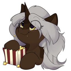 Size: 3499x3483 | Tagged: safe, artist:rileyisherehide, imported from derpibooru, oc, oc only, oc:kelila cherry, pony, unicorn, series:munching popcorn, commission, cute, eating, emoji, female, food, happy, herbivore, hooves, horn, mare, popcorn, simple background, smiling, solo, transparent background, unicorn oc, watching, ych result