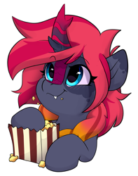 Size: 3127x3972 | Tagged: safe, artist:rileyisherehide, imported from derpibooru, oc, oc only, oc:obsidia flame, kirin, pony, series:munching popcorn, commission, cute, eating, emoji, female, food, happy, hooves, kirin oc, mare, popcorn, simple background, smiling, solo, transparent background, watching, ych result