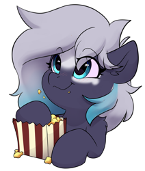 Size: 3130x3696 | Tagged: safe, artist:rileyisherehide, imported from derpibooru, oc, oc only, oc:sirius-b, pegasus, pony, series:munching popcorn, commission, cute, eating, emoji, female, food, gradient mane, happy, herbivore, hooves, pegasus oc, popcorn, simple background, smiling, solo, transparent background, watching, ych result