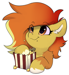 Size: 3481x3787 | Tagged: safe, artist:rileyisherehide, imported from derpibooru, oc, oc only, oc:solstarra flare, earth pony, pony, series:munching popcorn, commission, cute, earth pony oc, eating, emoji, female, food, happy, herbivore, hooves, mare, popcorn, simple background, smiling, solo, transparent background, watching, ych result