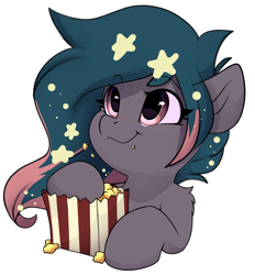 Size: 3407x3678 | Tagged: safe, artist:rileyisherehide, imported from derpibooru, oc, oc only, oc:star universe, pegasus, pony, series:munching popcorn, commission, cute, eating, emoji, ethereal mane, female, food, happy, herbivore, hooves, mare, pegasus oc, popcorn, simple background, smiling, solo, starry mane, stars, transparent background, watching, ych result