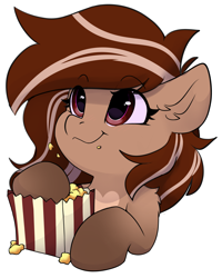 Size: 2953x3691 | Tagged: safe, artist:rileyisherehide, imported from derpibooru, oc, oc only, oc:veruma swirl, bat pony, hybrid, pony, series:munching popcorn, bat pony oc, commission, cute, eating, emoji, female, food, happy, herbivore, hooves, mare, pale belly, popcorn, simple background, smiling, solo, transparent background, watching, ych result