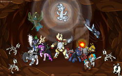 Size: 1136x704 | Tagged: safe, artist:redpalette, imported from derpibooru, oc, oc:shade flash, oc:snowy charm, oc:violet ray, earth pony, pegasus, skeleton pony, snake, unicorn, archer, armor, arrow, bone, cave, commission, cute, dungeons and dragons, earth pony oc, elements, fantasy, female, filly, fire, foal, hammer, hind legs, horn, lightning, mage, magic, male, mare, pegasus oc, pen and paper rpg, roleplaying, rpg, shield, skeleton, sparkle, spell book, stallion, sword, unicorn oc, unshorn fetlocks, warlock, weapon, wizard