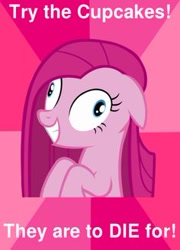 Size: 236x327 | Tagged: safe, imported from derpibooru, pinkie pie, earth pony, pony, fanfic:cupcakes, artifact, caption, female, image macro, meme, needs more jpeg, pinkamena diane pie, text