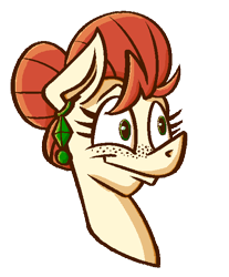 Size: 509x614 | Tagged: safe, artist:cowsrtasty, imported from derpibooru, oc, oc only, oc:penny inkwell, pony, bust, ear piercing, earring, freckles, hair bun, jewelry, piercing, simple background, smiling, solo, transparent background
