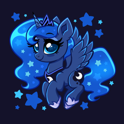 Size: 4000x4000 | Tagged: safe, artist:confetticakez, imported from derpibooru, princess luna, alicorn, pony, blue background, chibi, crown, cute, ear fluff, female, flowing hair, flowing mane, flowing tail, flying, hoof shoes, jewelry, lunabetes, mare, regalia, simple background, solo, spread wings, starry eyes, stars, tail, wingding eyes, wings