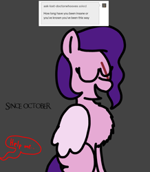 Size: 1237x1417 | Tagged: safe, artist:professorventurer, imported from derpibooru, pipp petals, oc, oc:professor venturer, pegasus, pony, series:ask pippamena, chest fluff, eyes closed, female, g5, impossibly large chest fluff, mare, my little pony: a new generation, october, offscreen character, scar