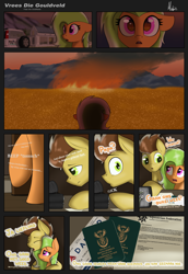 Size: 2565x3720 | Tagged: safe, artist:ponynamedmixtape, imported from derpibooru, wild fire, oc, oc:amber grain, oc:warm winds, earth pony, pony, comic:vrees die gouldveld, afrikaans, backstory, car, dark, dialogue, english, equestria, equestrian federation, farm, father and child, father and daughter, female, fire, house, letter, lore, male, passport, radio, south zebrica, text, zebrica