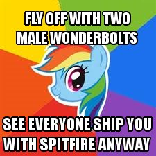 Size: 225x225 | Tagged: safe, imported from derpibooru, rainbow dash, pegasus, pony, sonic rainboom (episode), artifact, caption, image macro, impact font, implied lesbian, implied shipping, implied soarin', implied spitdash, implied spitfire, implied wave chill, meme, needs more jpeg, text