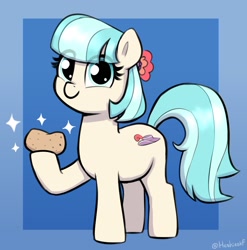 Size: 1808x1832 | Tagged: safe, artist:heretichesh, imported from derpibooru, coco pommel, earth pony, pony, cocobetes, cute, eye clipping through hair, female, food, hoof hold, mare, missing accessory, potato, smiling, solo, sparkles