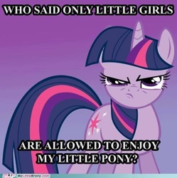 Size: 500x502 | Tagged: safe, imported from derpibooru, twilight sparkle, pony, unicorn, angry, artifact, female, gradient background, meme, my little brony, solo, target demographic, text, unicorn twilight, watermark