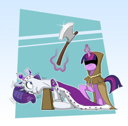 Size: 1376x1356 | Tagged: artist needed, safe, imported from derpibooru, clover the clever, princess platinum, rarity, twilight sparkle, pony, unicorn, axe, chopping block, crown, execution, female, glowing, glowing horn, horn, horn ring, imminent death, imminent decapitation, jewelry, levitation, magic, mare, regalia, regicide, ring, royalty, telekinesis, weapon