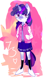 Size: 600x1000 | Tagged: safe, artist:milarvozmido, imported from derpibooru, twilight sparkle, anthro, unicorn, clothes, female, hand in pocket, heart, horn, looking at you, simple background, skirt, solo, varsity jacket, white background