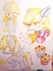 Size: 1080x1440 | Tagged: safe, artist:milarvozmido, imported from derpibooru, derpy hooves, pegasus, pony, bipedal, butt, clothes, eyelashes, female, food, mail, mare, mouth hold, muffin, plot, scarf, stars, traditional art, watercolor painting, wings
