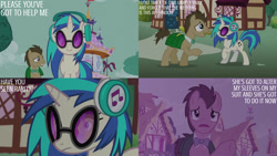 Size: 1280x720 | Tagged: safe, edit, edited screencap, editor:quoterific, imported from derpibooru, screencap, dj pon-3, doctor whooves, time turner, vinyl scratch, earth pony, pony, unicorn, season 5, slice of life (episode), duo, female, headphones, male, mare, open mouth, open smile, smiling, stallion, text